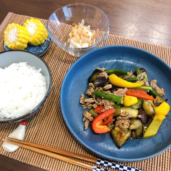 夏野菜と挽肉のカレー炒めなど